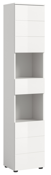 Weißer Hochschrank mit mehreren Schubladen und offenen Fächern, Frontalansicht