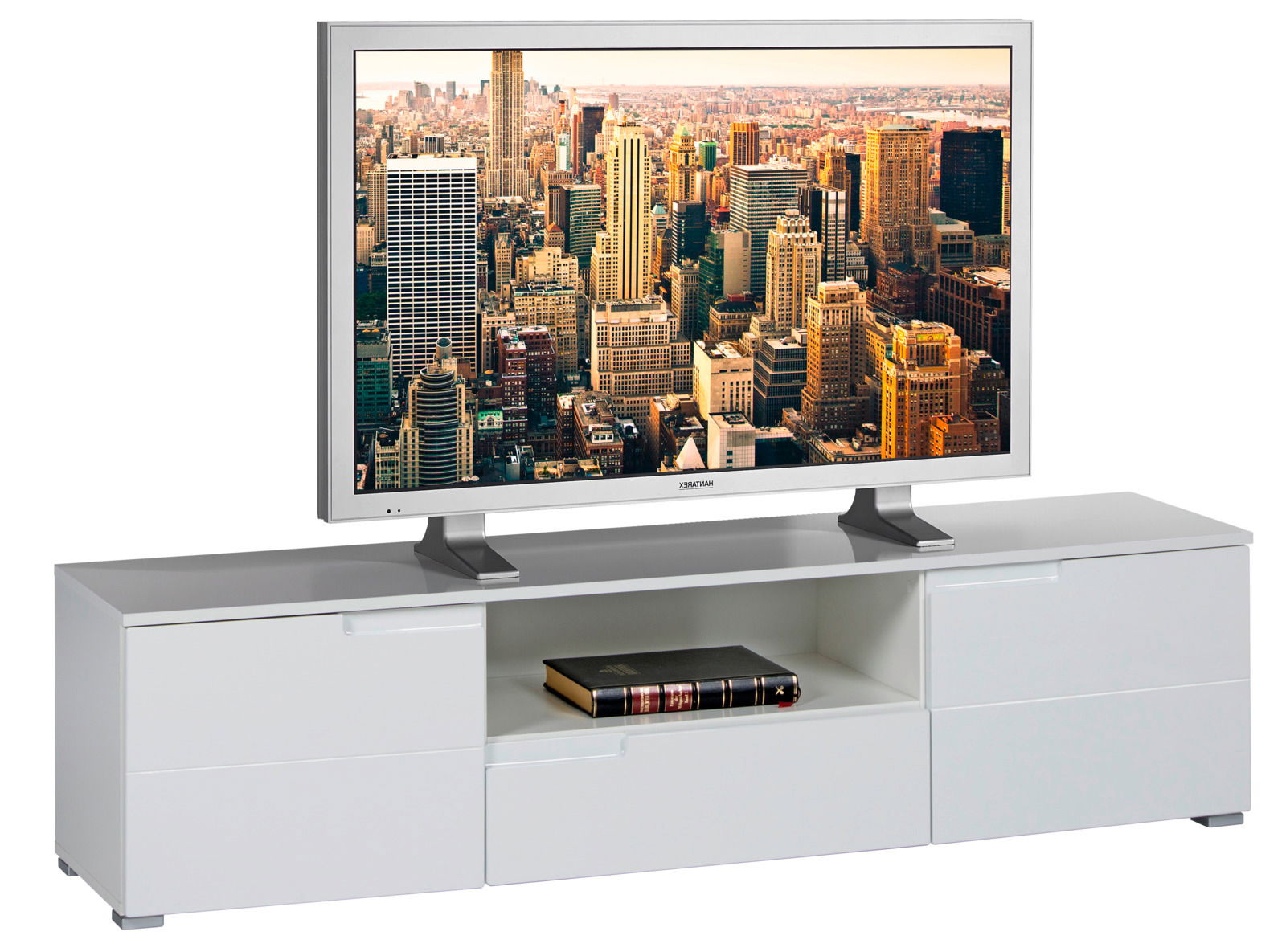 Weißes TV-Lowboard mit mehreren Schubladen und einem offenen Fach, frontal betrachtet.