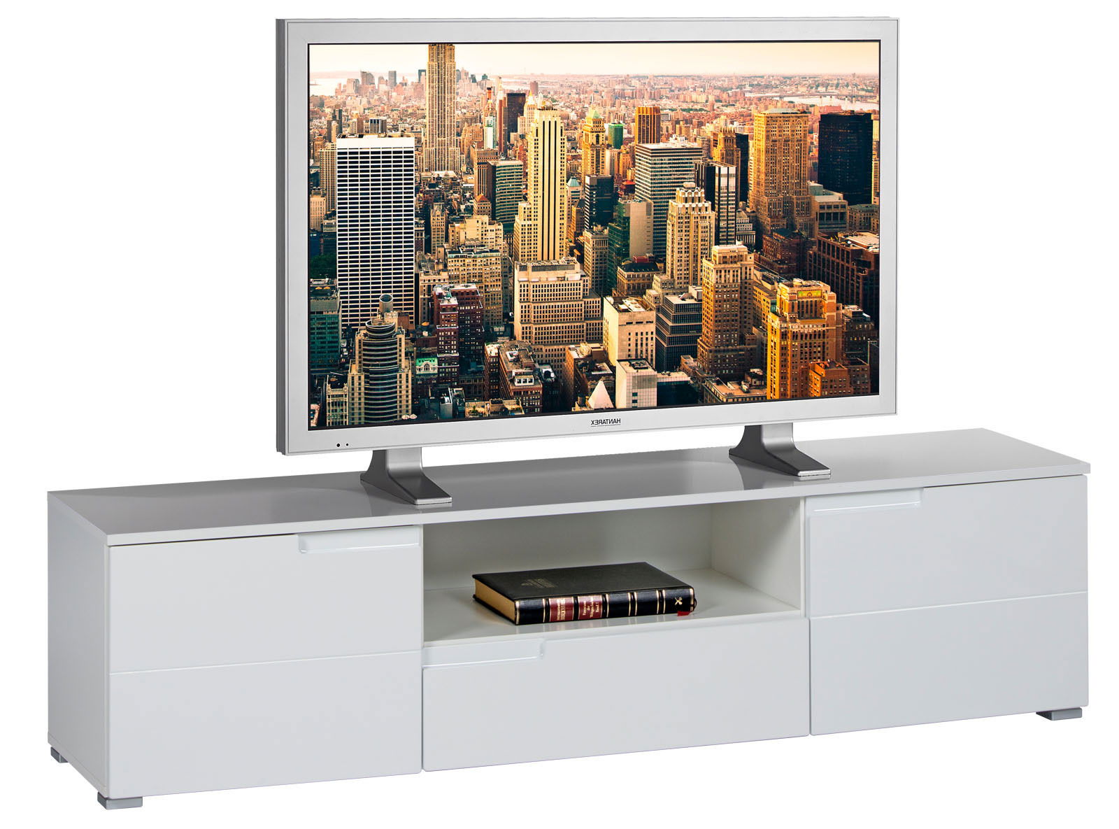 Weißes TV-Lowboard mit mehreren Schubladen und einem offenen Fach, frontal betrachtet.