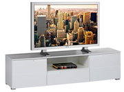 Weißes TV-Lowboard mit mehreren Schubladen und einem offenen Fach, frontal betrachtet.