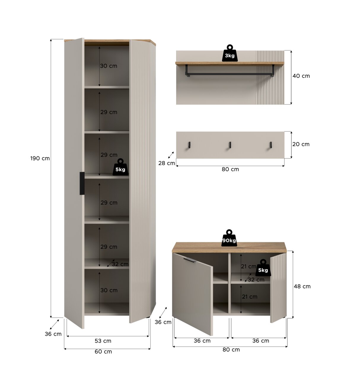 Garderobenkombination bestehend aus einem hohen Schrank mit mehreren Fächern, einer Wandgarderobe mit Haken und Ablage, sowie einem niedrigen Schrank mit Türen. Perspektive: Frontalansicht.