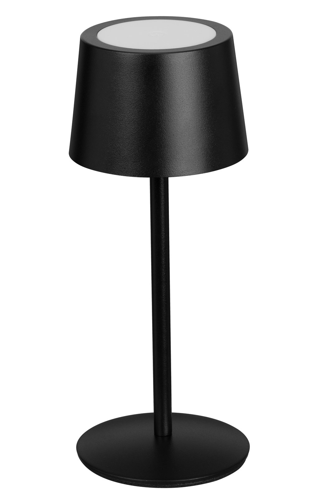 Schwarze Akku-Tischleuchte in seitlicher Perspektive mit rundem Sockel und konischem Lampenschirm.
