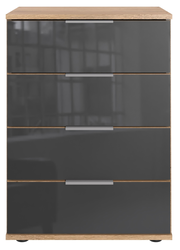 Moderne Nachtkommode mit vier Schubladen in Holzoptik und grauer Front, Frontalansicht