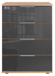 Moderne Nachtkommode mit vier Schubladen in Holzoptik und grauer Front, Frontalansicht