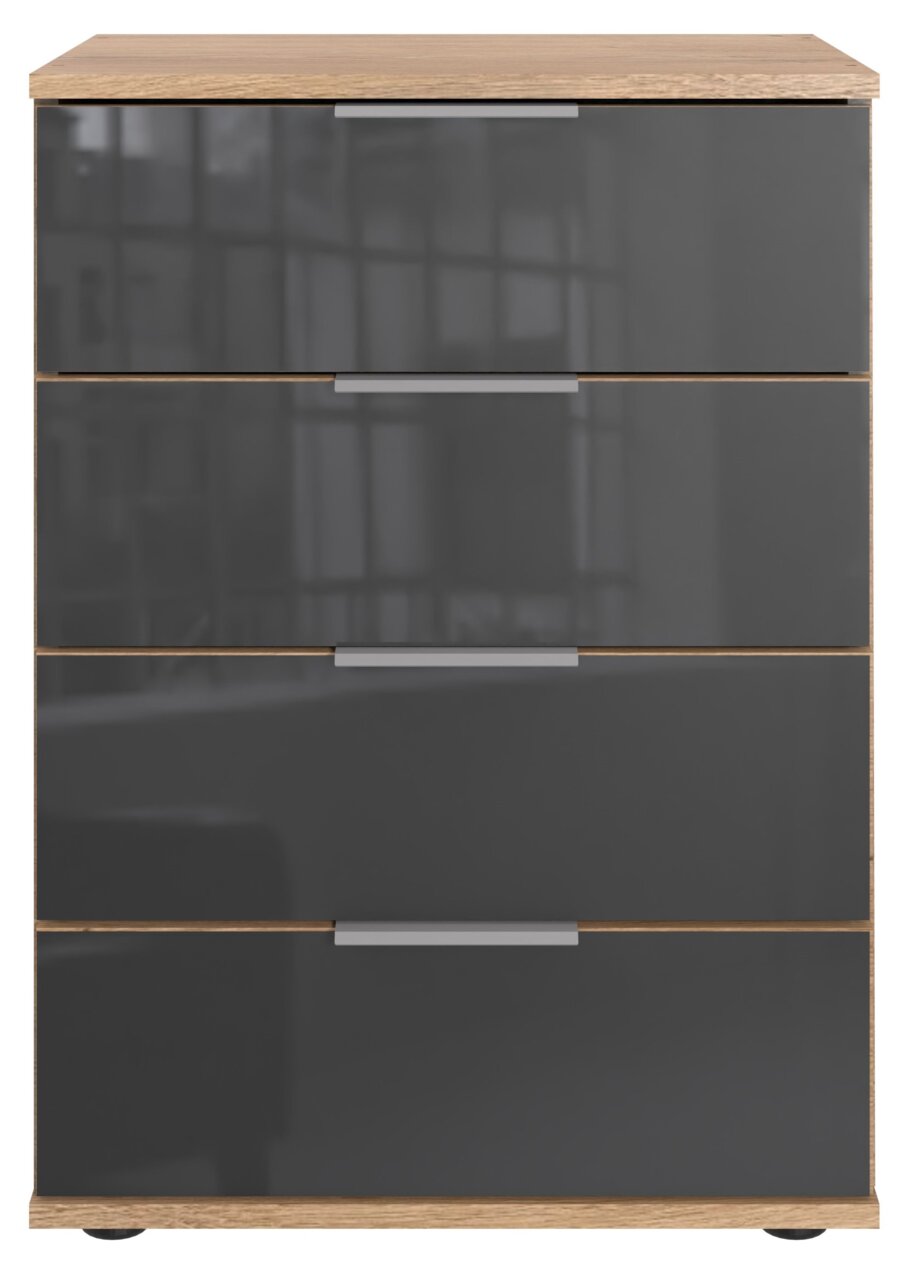 Moderne Nachtkommode mit vier Schubladen in Holzoptik und grauer Front, Frontalansicht
