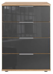 Moderne Nachtkommode mit vier Schubladen in Holzoptik und grauer Front, Frontalansicht