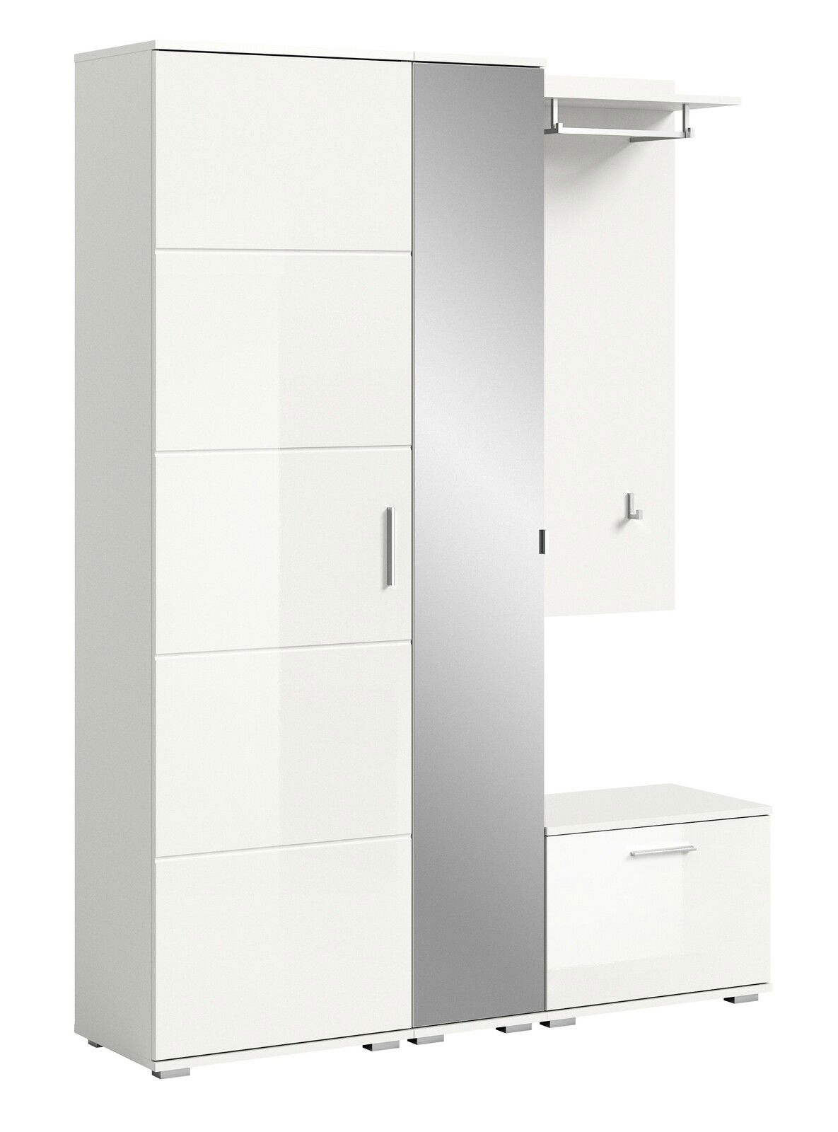 MID.YOU Garderobenkombination PREGO Garderobenkombination in Weiß mit Spiegel, Schrank und Sitzbank, frontale Ansicht