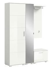 Garderobenkombination in Weiß mit Spiegel, Schrank und Sitzbank, frontale Ansicht