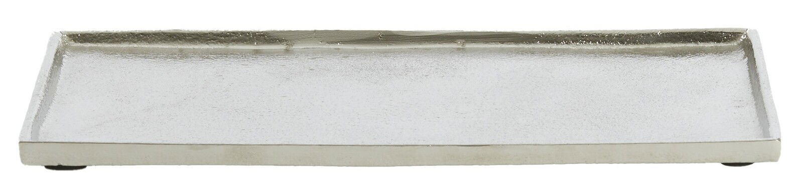 Rechteckige, flache Metallschale in Silberoptik, frontal von der Seite fotografiert.