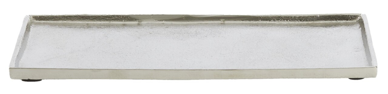 Rechteckige, flache Metallschale in Silberoptik, frontal von der Seite fotografiert.