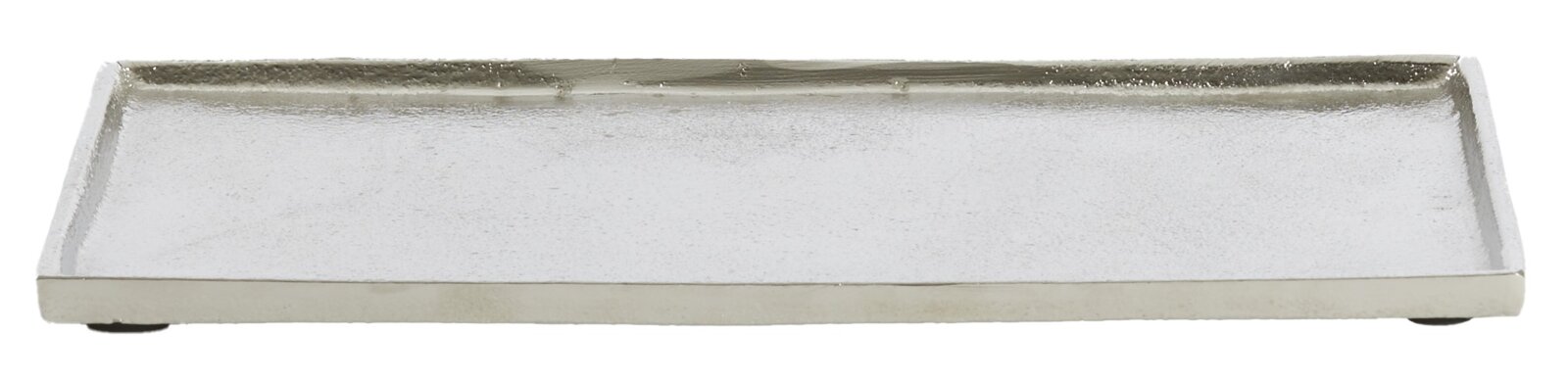 Rechteckige, flache Metallschale in Silberoptik, frontal von der Seite fotografiert.