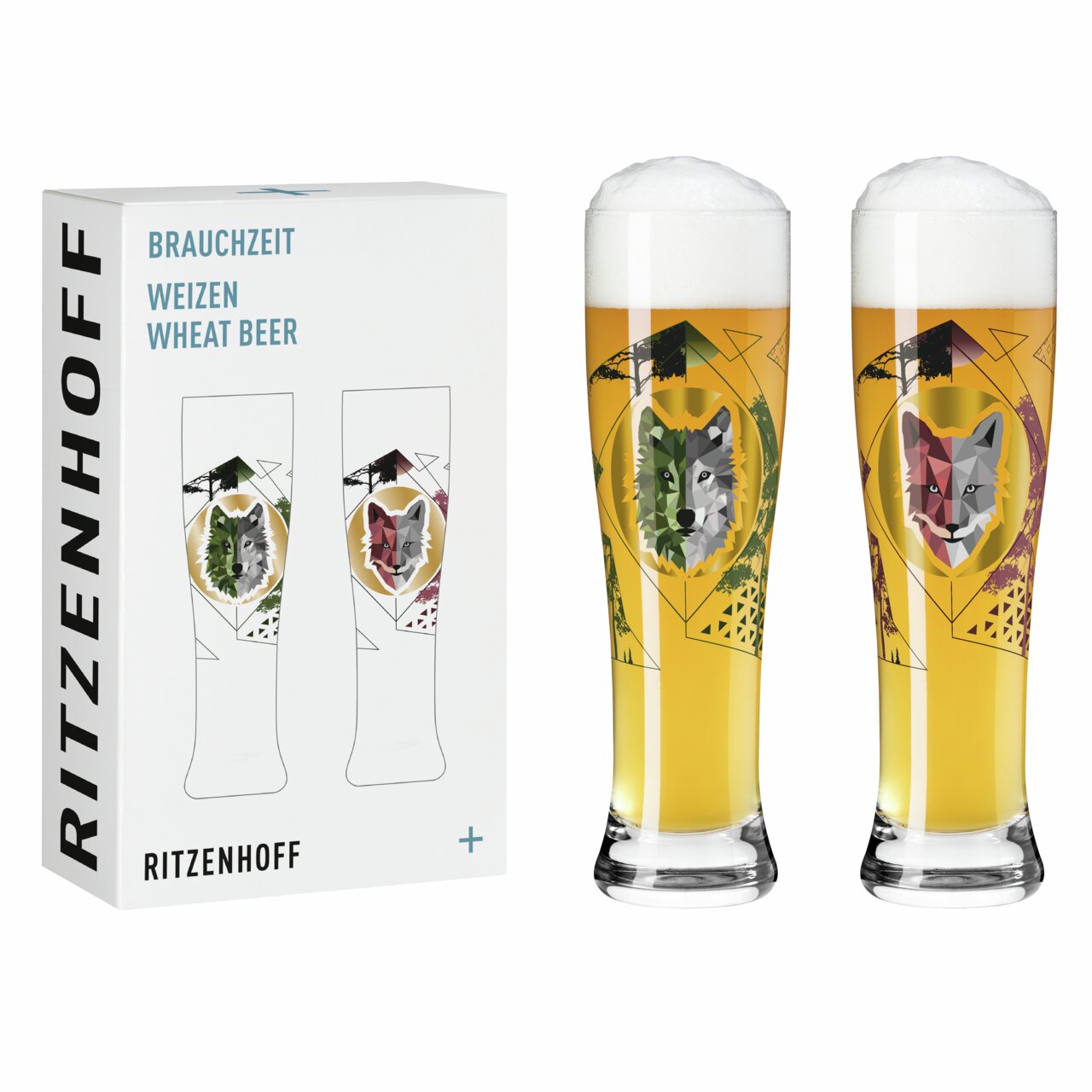 Zwei Weizengläser mit geometrischem Wolfsmotiv, gefüllt mit Bier, neben der Verpackung, aus der Frontalperspektive.