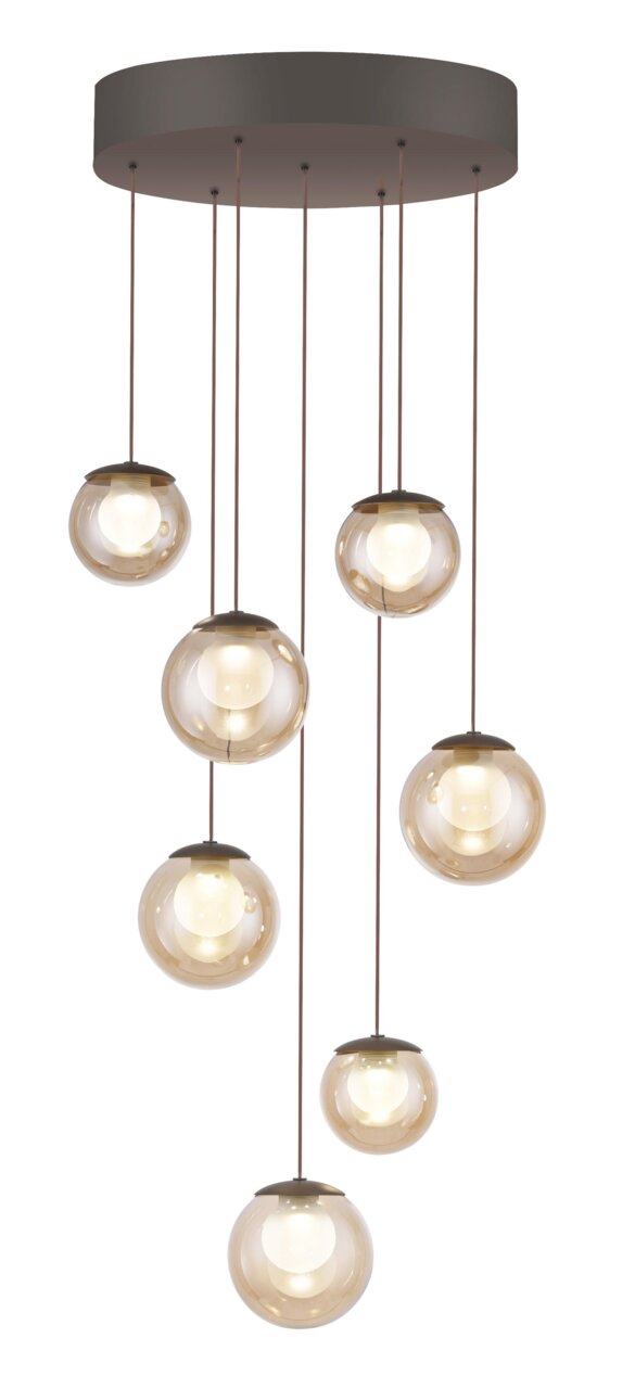 Moderne LED-Pendelleuchte mit sieben kugelförmigen Glaskörpern, die von einer runden Deckenhalterung herabhängen. Perspektive von unten.