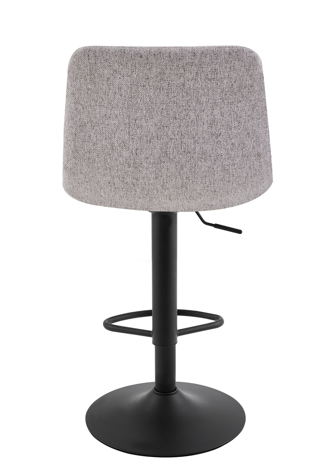 Rückansicht eines modernen Barhockers mit grauem Stoffbezug und schwarzem Metallgestell.