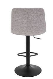 Rückansicht eines modernen Barhockers mit grauem Stoffbezug und schwarzem Metallgestell.
