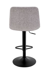 Rückansicht eines modernen Barhockers mit grauem Stoffbezug und schwarzem Metallgestell.