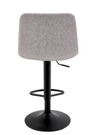 Rückansicht eines modernen Barhockers mit grauem Stoffbezug und schwarzem Metallgestell.