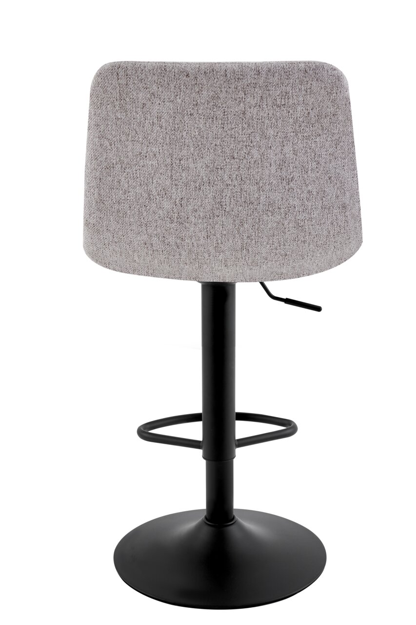 Achterkant van een moderne barkruk met grijze stoffen bekleding en een zwart metalen onderstel.