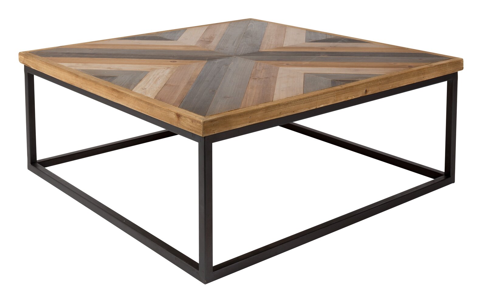 Moderner Couchtisch mit geometrischem Holzdesign und Metallrahmen, seitliche Perspektive