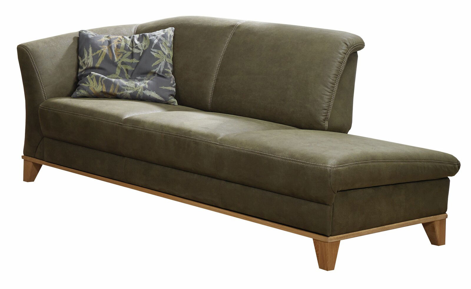 Grüne Recamiere mit Armteil links, aus Leder mit Holzfüßen, seitliche Perspektive