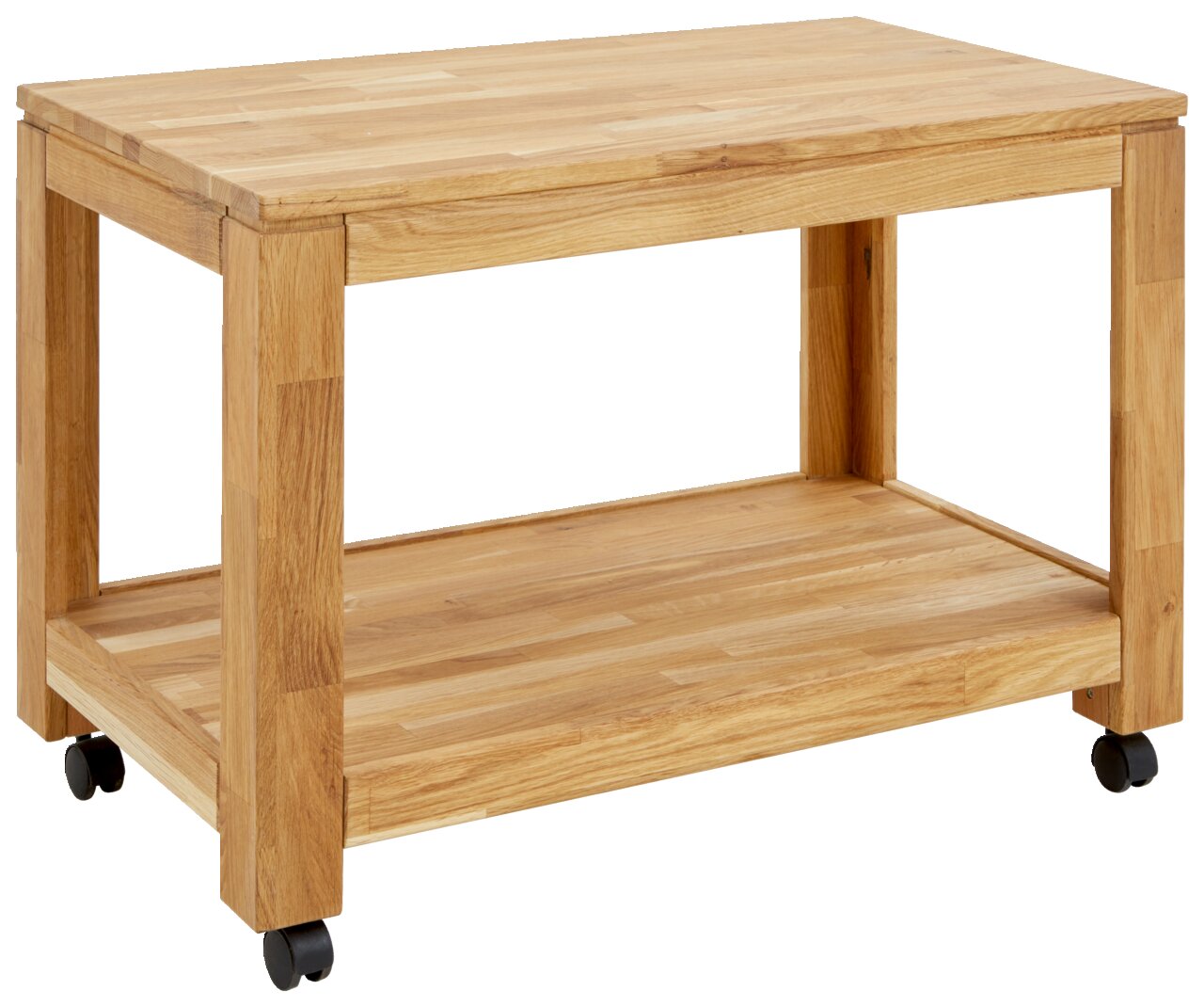 Beistelltisch aus Holz mit Rollen, Seitenansicht