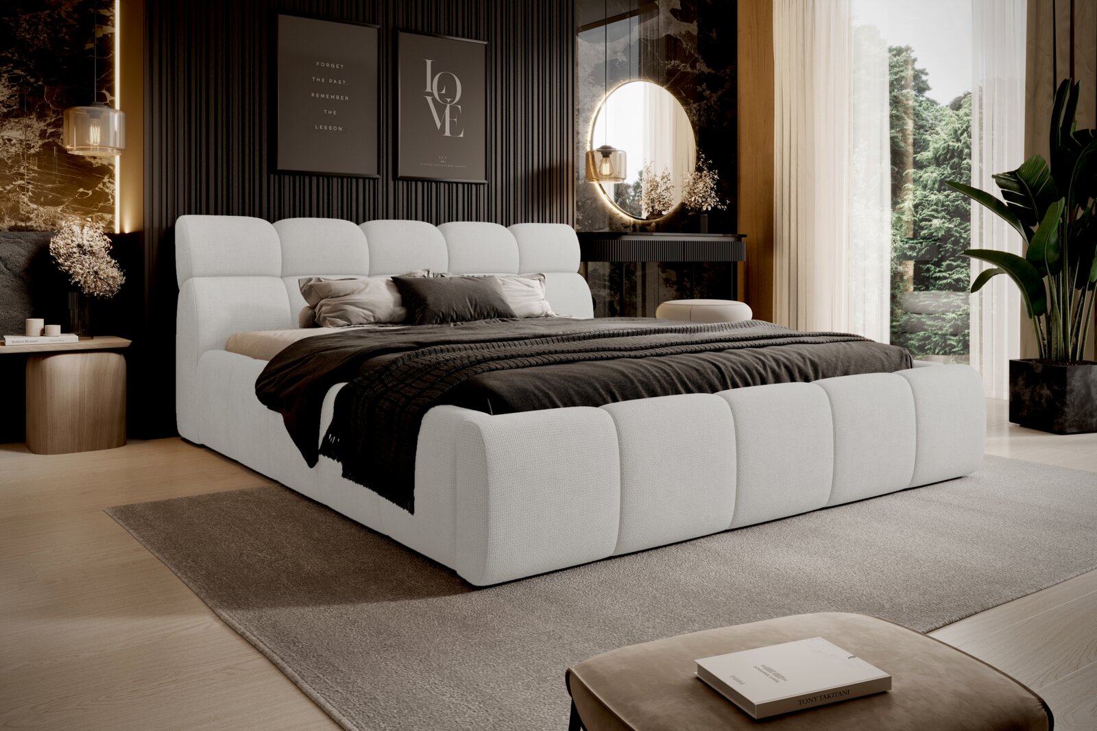 Modernes Polsterbett in einem stilvollen Schlafzimmer, seitliche Perspektive
