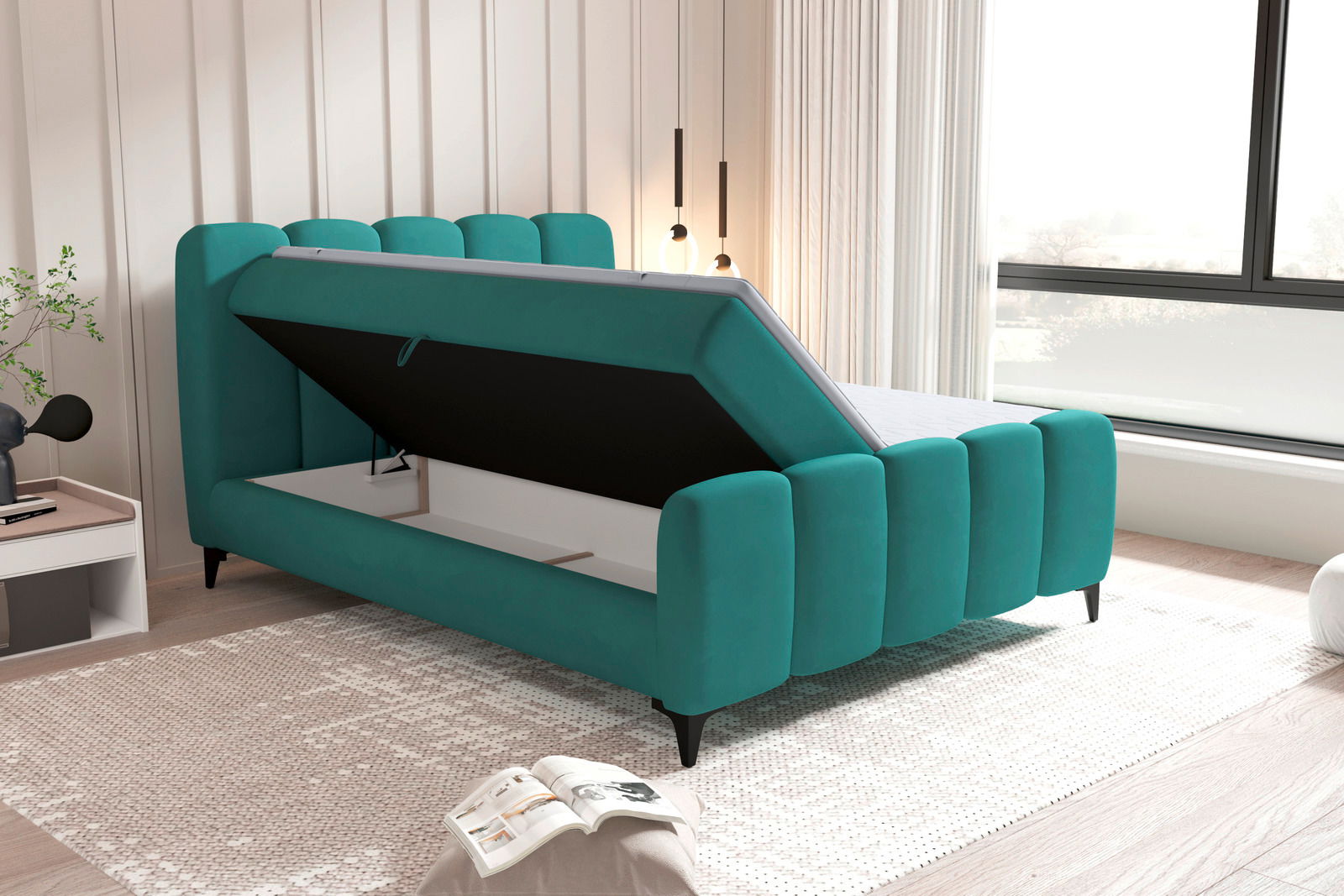 Boxbett mit aufklappbarem Stauraum in modernem Schlafzimmer, seitliche Perspektive