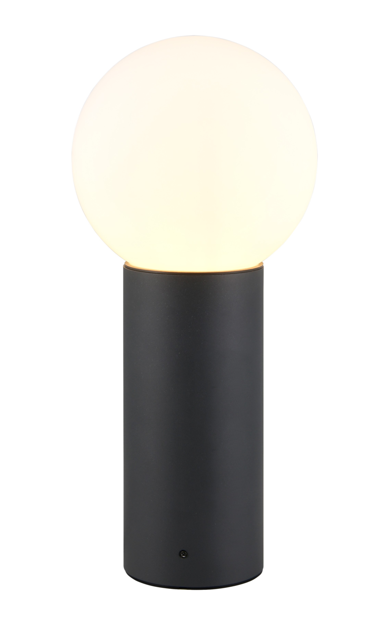 Moderne Außen-Sockelleuchte mit kugelförmigem Leuchtkörper auf zylindrischem Sockel, frontal betrachtet.