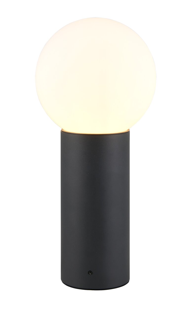 Trio Leuchten Aussen-Sockelleuchte MURES Moderne Außen-Sockelleuchte mit kugelförmigem Leuchtkörper auf zylindrischem Sockel, frontal betrachtet.