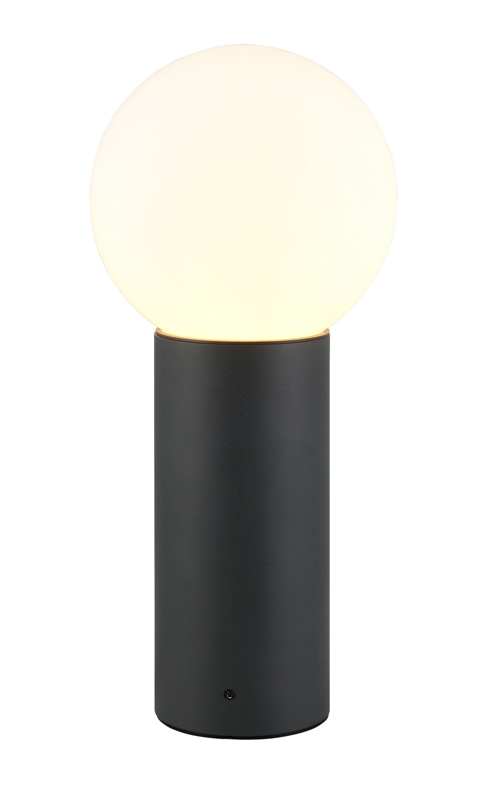 Trio Leuchten Aussen-Sockelleuchte MURES Moderne Außen-Sockelleuchte mit kugelförmigem Leuchtkörper auf zylindrischem Sockel, frontal betrachtet.