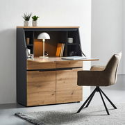 Moderner Sekretär aus Holz mit schwarzem Rahmen, ausgestattet mit Regalfächern und einer Schreibtischlampe, seitliche Perspektive.