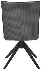 Rückansicht eines grauen Stuhls mit geripptem Stoffbezug und schwarzem Metallgestell.