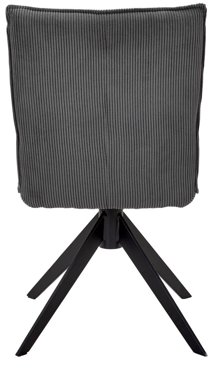 Johann Jakob Stuhl CALAS Rückansicht eines grauen Stuhls mit geripptem Stoffbezug und schwarzem Metallgestell.