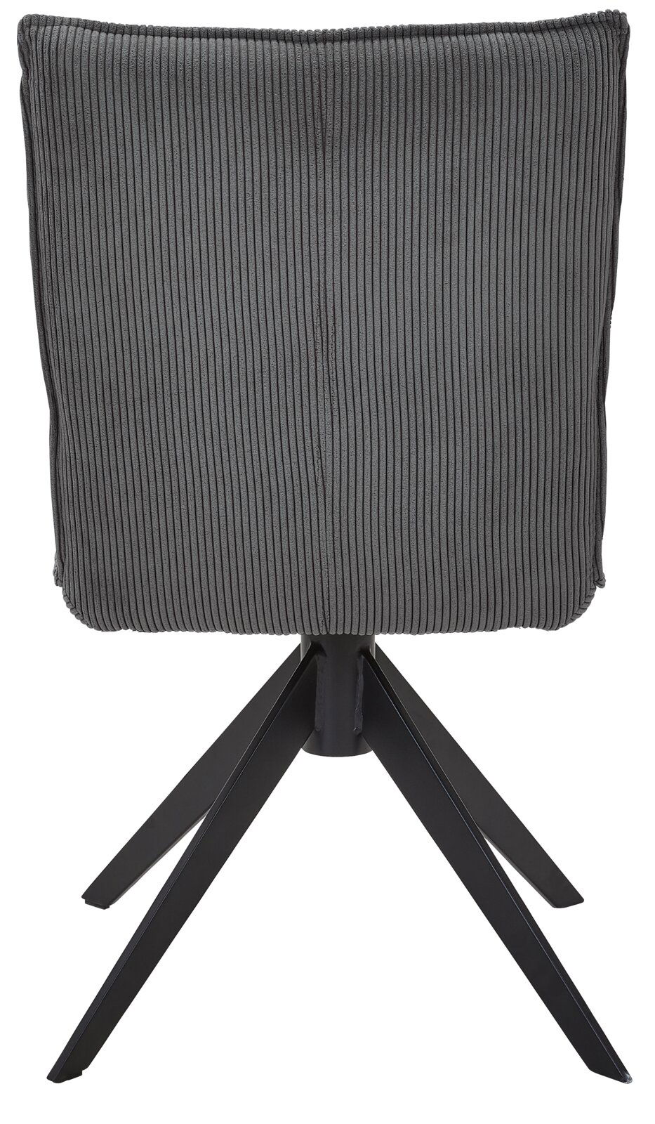 Johann Jakob Stuhl CALAS Rückansicht eines grauen Stuhls mit geripptem Stoffbezug und schwarzem Metallgestell.
