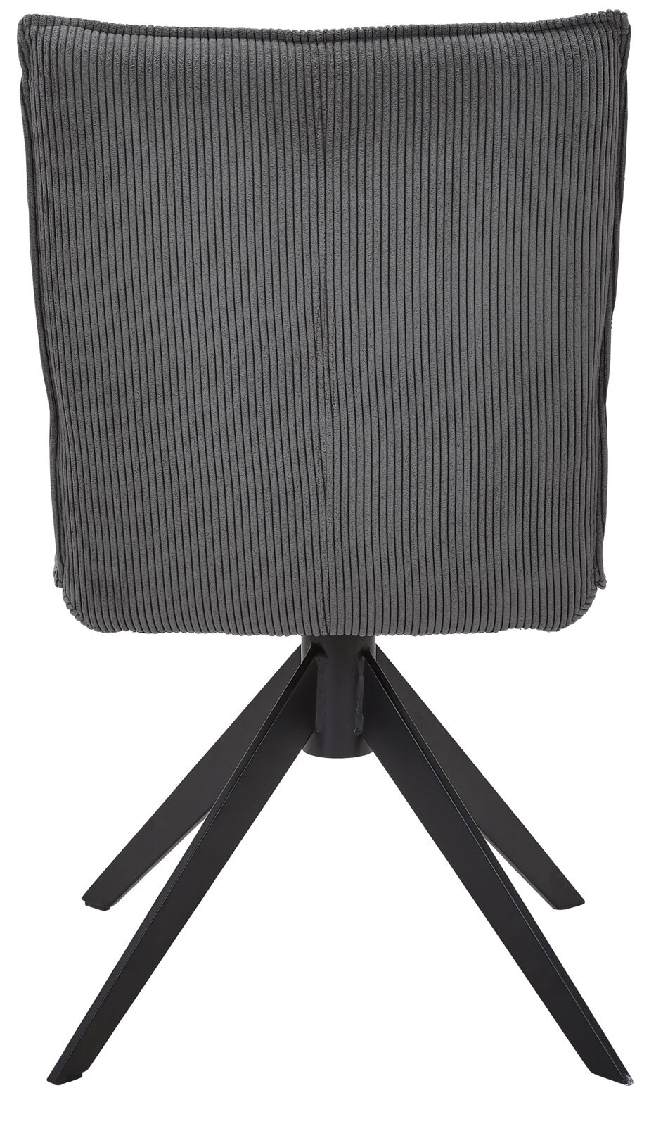 Johann Jakob Stuhl CALAS Rückansicht eines grauen Stuhls mit geripptem Stoffbezug und schwarzem Metallgestell.