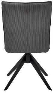 Rückansicht eines grauen Stuhls mit geripptem Stoffbezug und schwarzem Metallgestell.