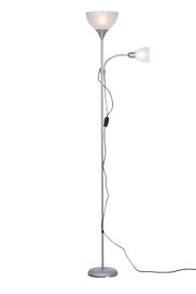 Staande lamp met twee lampkoppen, één naar boven en één naar de zijkant gericht, in zilverkleur, zijaanzicht