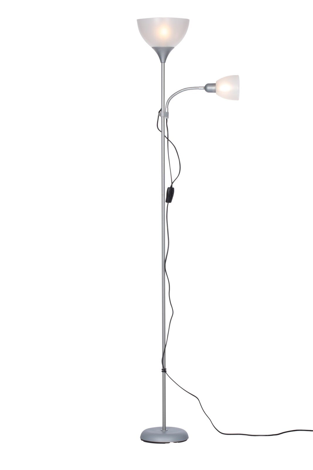 Staande lamp met twee lampkoppen, één naar boven en één naar de zijkant gericht, in zilverkleur, zijaanzicht