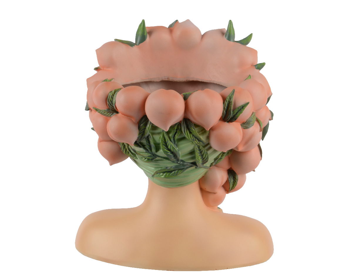 Blumentopf in Form eines Kopfes mit Pfirsichen und Blättern, Rückansicht