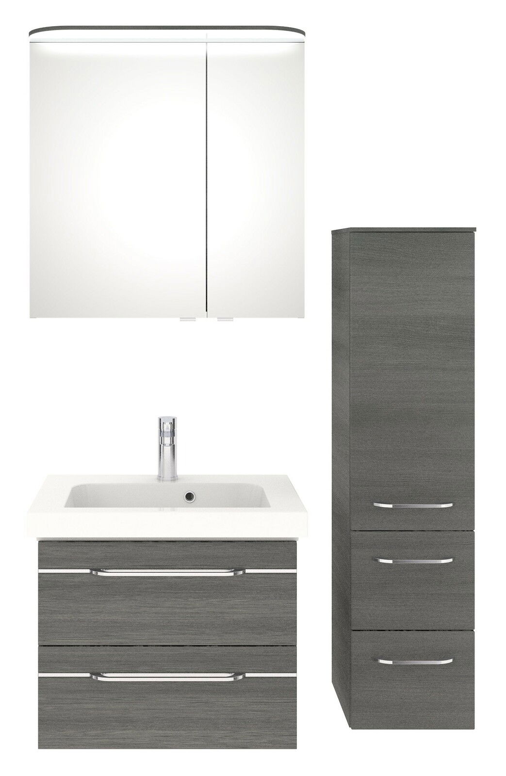 Pelipal Badblok BALTO SPRINT Moderner Badblock mit Spiegelschrank, Waschbecken und grauen Schränken, Frontalansicht