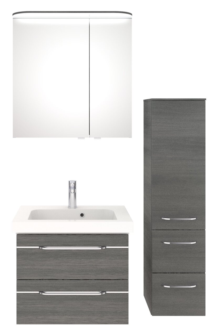 Pelipal Badblock BALTO SPRINT Moderner Badblock mit Spiegelschrank, Waschbecken und grauen Schränken, Frontalansicht