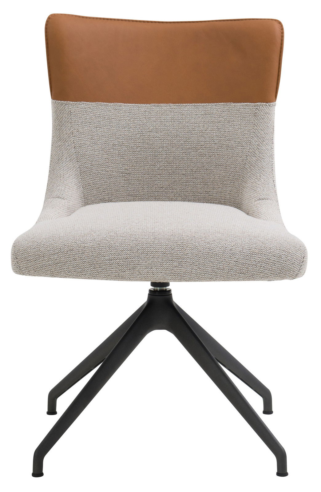 Moderner Stuhl mit brauner Leder-Rückenlehne und grauem Stoffbezug, Vorderansicht