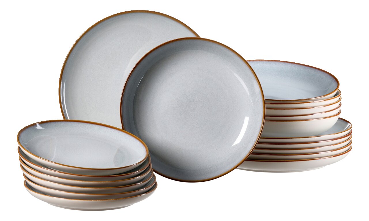 Set aus 18 Tellern der Serie Portofino, seitliche Perspektive, mit elegantem Randdesign in Erdtönen.
