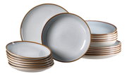 Set aus 18 Tellern der Serie Portofino, seitliche Perspektive, mit elegantem Randdesign in Erdtönen.