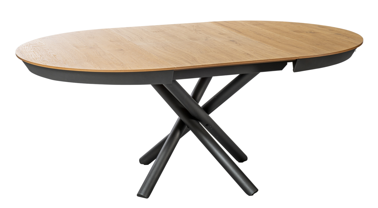 Moderner Esstisch mit ovaler Holzplatte und gekreuztem Metallgestell, seitliche Perspektive