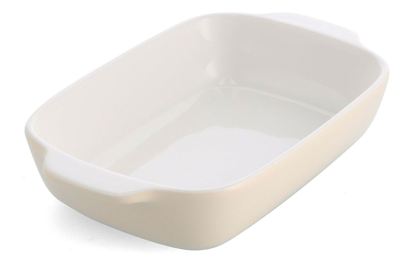 Weiße Auflaufform mit Deckel, rechteckig, 26 cm, aus seitlicher Perspektive fotografiert
