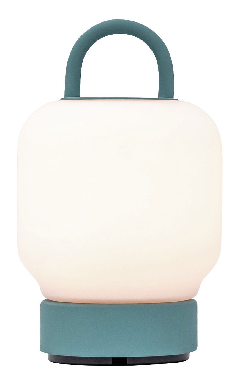 Tragbare Lampe in Smokey Teal mit rundem Griff, seitliche Perspektive