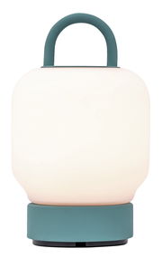 Tragbare Lampe in Smokey Teal mit rundem Griff, seitliche Perspektive