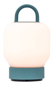 Tragbare Lampe in Smokey Teal mit rundem Griff, seitliche Perspektive
