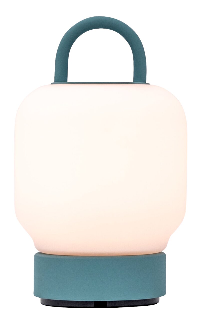 Tragbare Lampe in Smokey Teal mit rundem Griff, seitliche Perspektive
